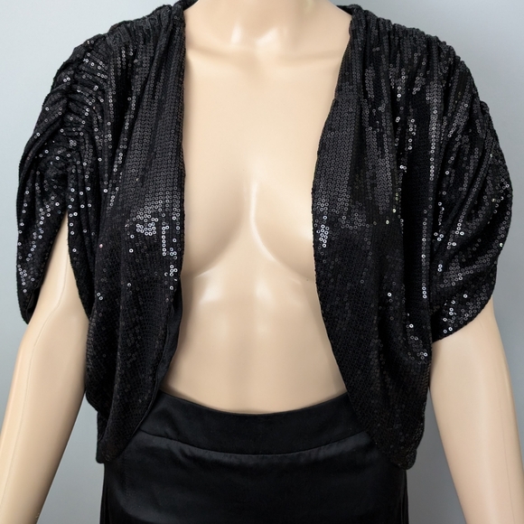 EVA FRANCO Sequin Bolero w/ ruching on shoulders & sleeves.Black. Size 4 GLAMOUR - Picture 1 of 11